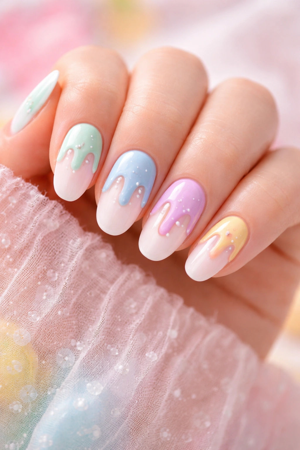 Pastel ice cream drip nails with soft creamy drips on a white base.