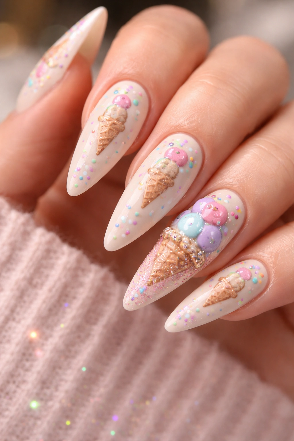 Sparkly ice cream cone nails with pastel scoops and sprinkles