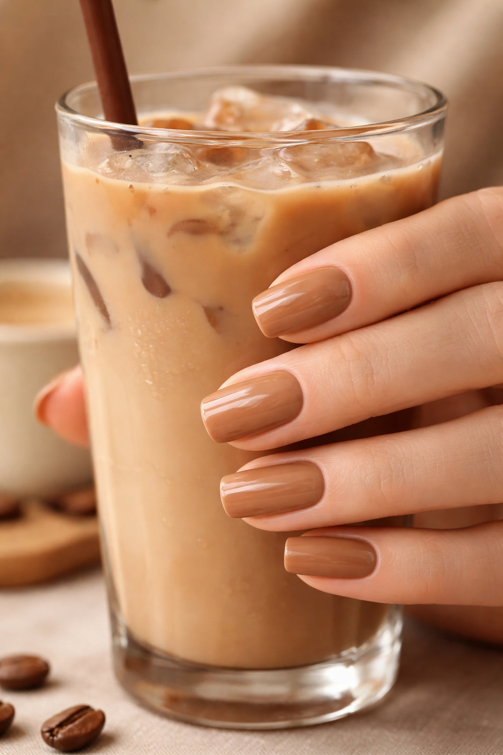 Close-up of hands with Iced Coffee nails in warm latte shade