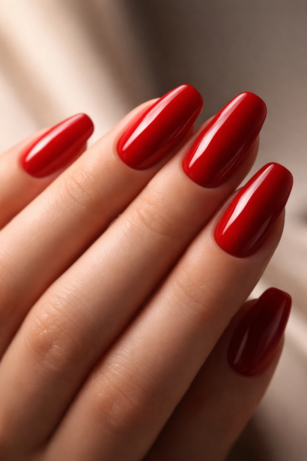 Close-up of glossy red nails on a hand with a neutral background