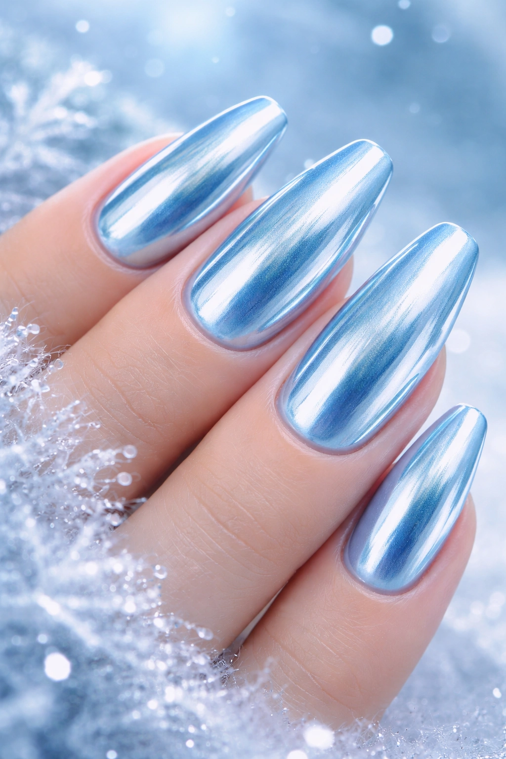 Nails in icy blue chrome reflecting winter light