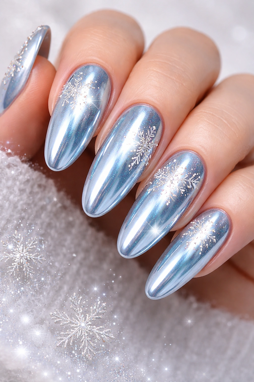 Icy blue nails with chrome finish and snowflake details