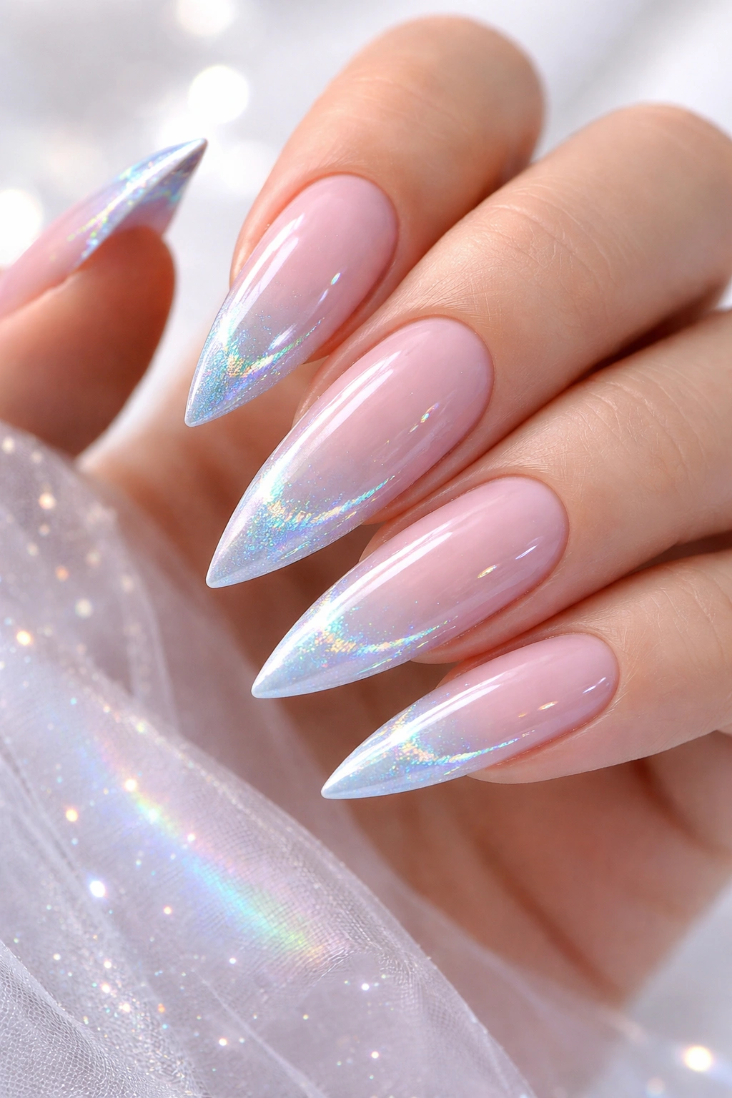 Icy blue French tips with holographic details on nails