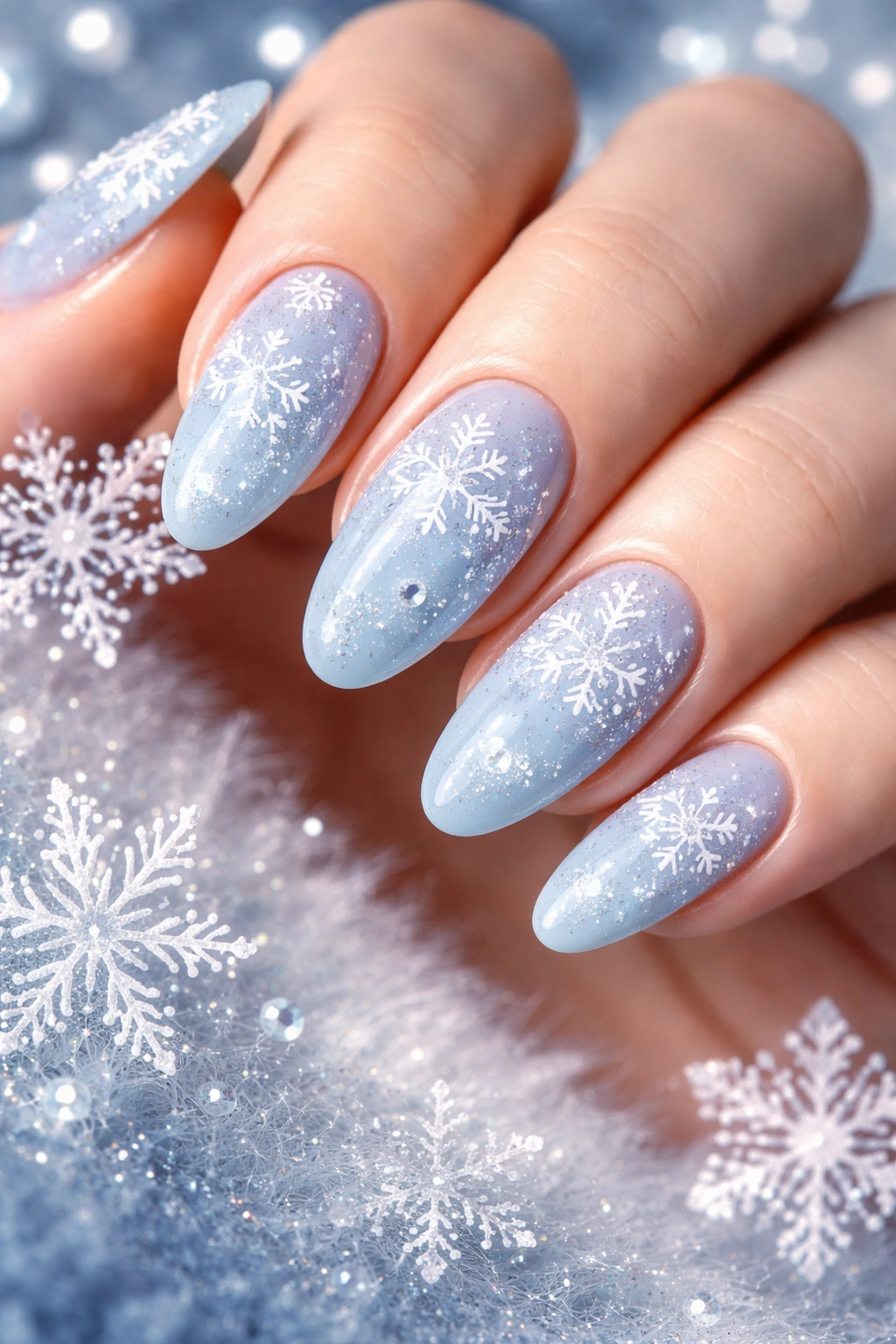 Icy blue nails with snowflakes on long oval nails