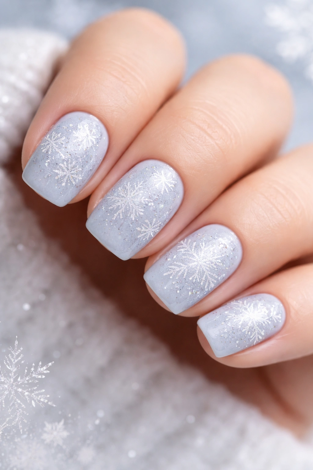 Icy blue nails with subtle white snowflakes close-up