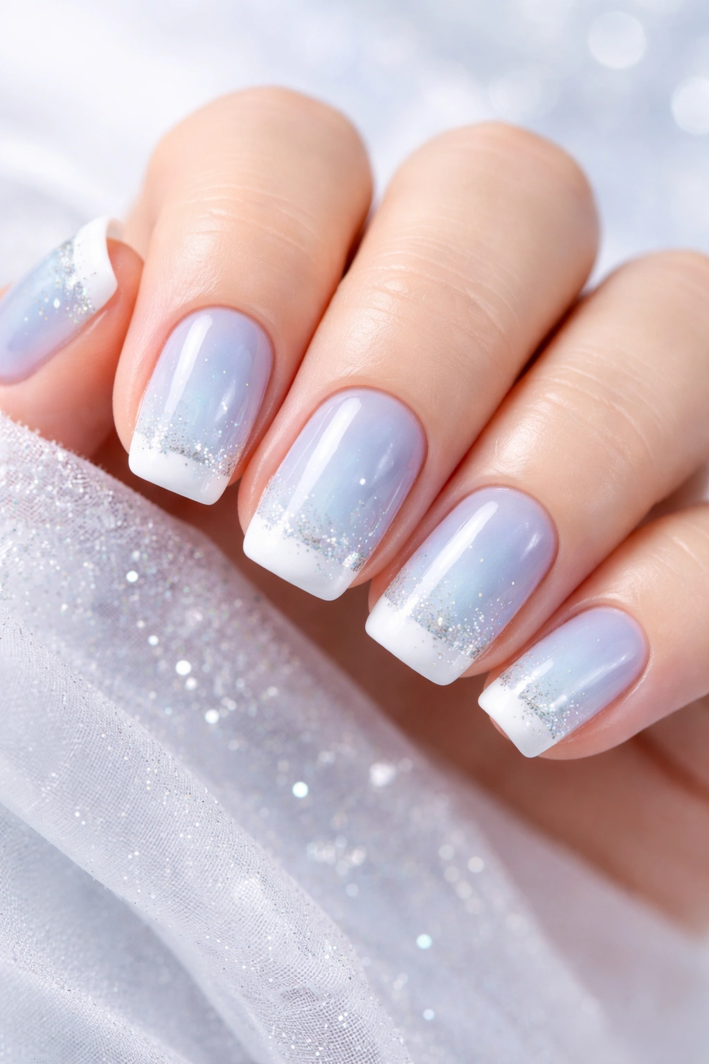 Icy blue nails with white tips and silver sparkle on short squoval nails