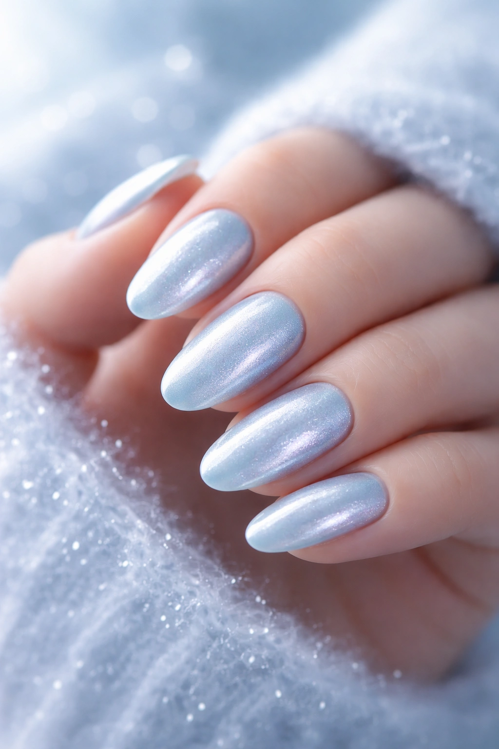 Close-up of hand with icy blue nails with frosted finish