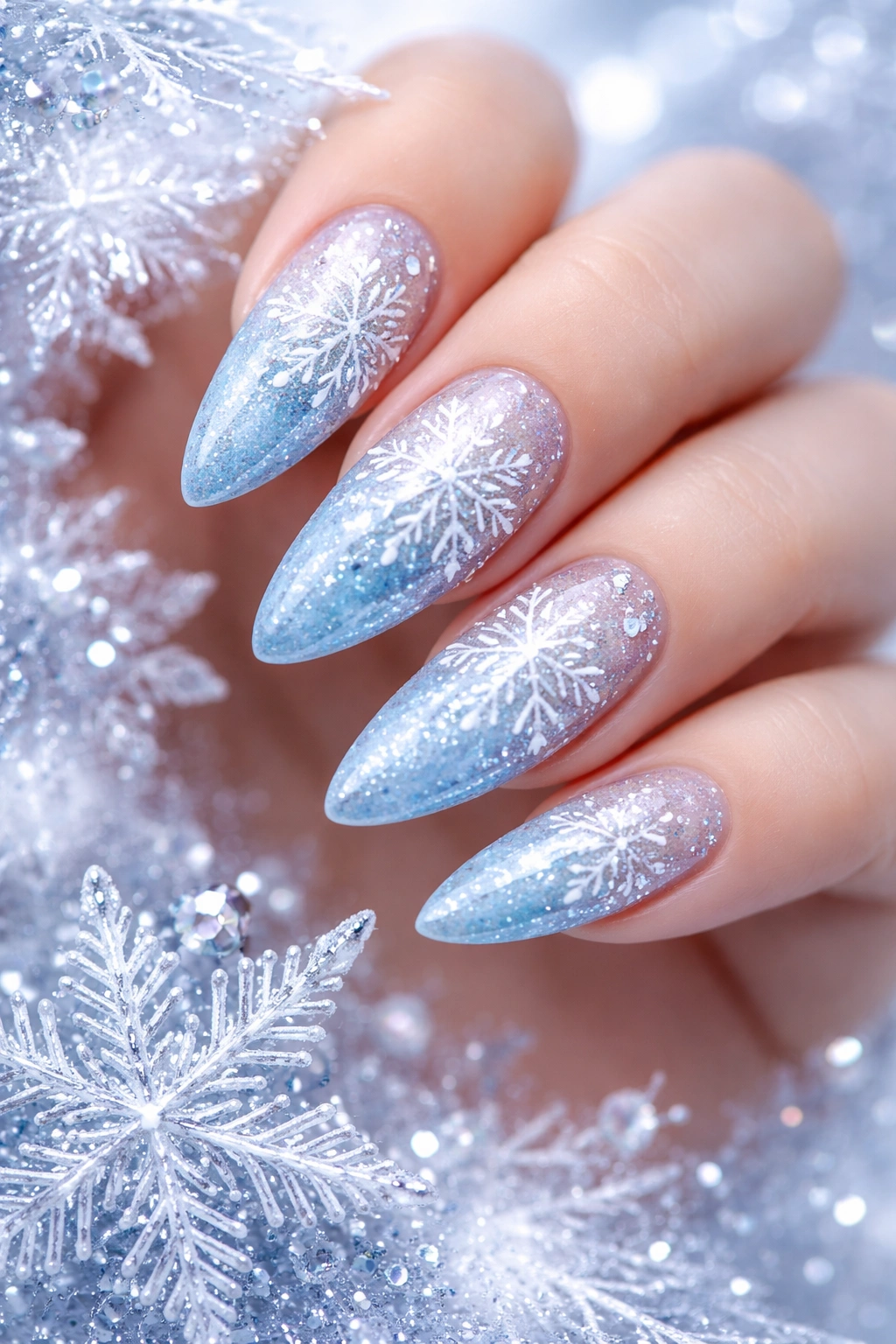 Icy blue nails with white snowflakes and silver glitter
