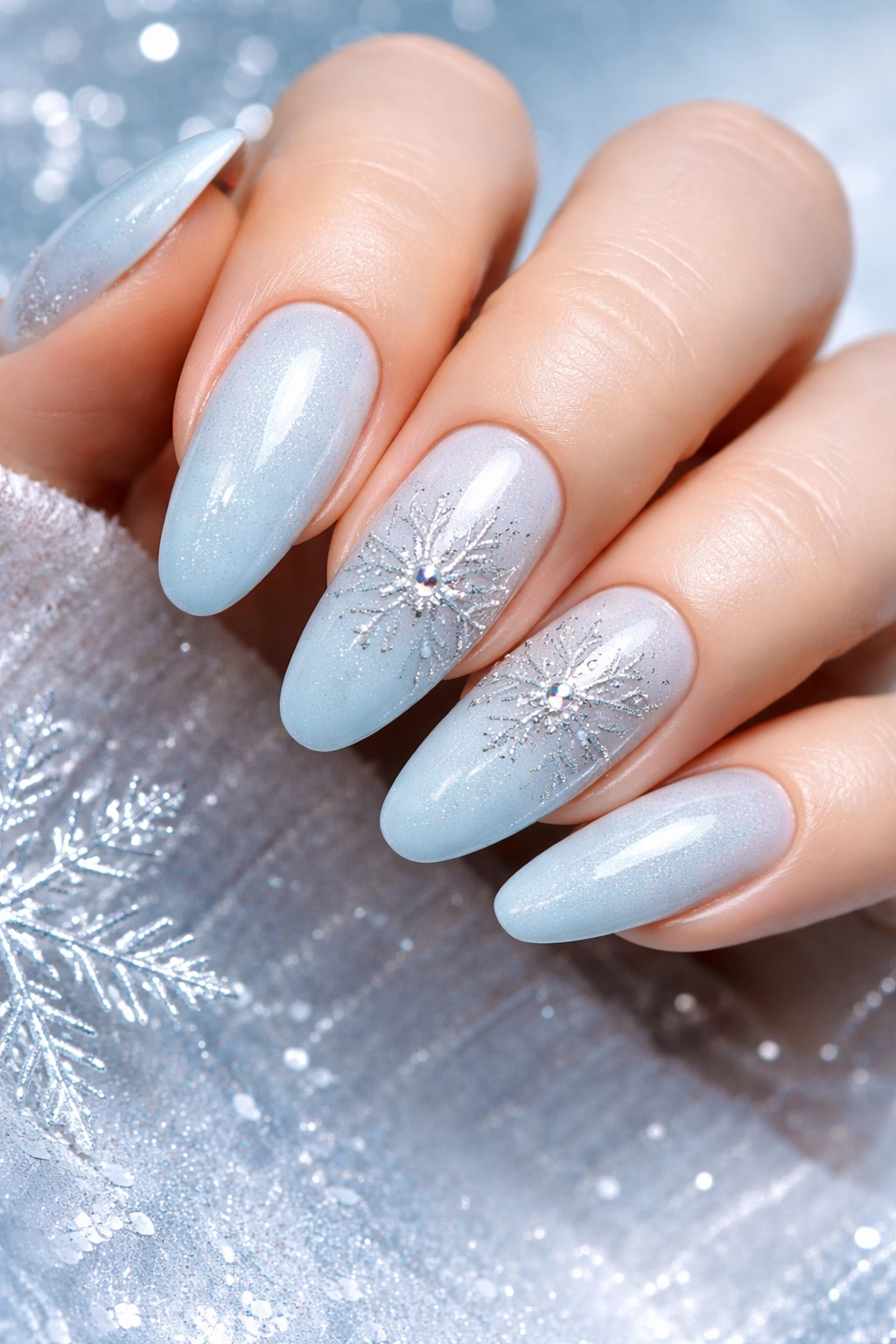 Close-up of icy blue nails with silver snowflake accents on a neutral background