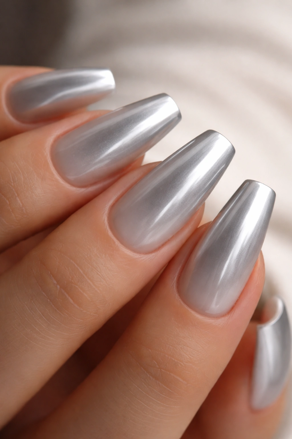 Icy grey chrome nails on milky base