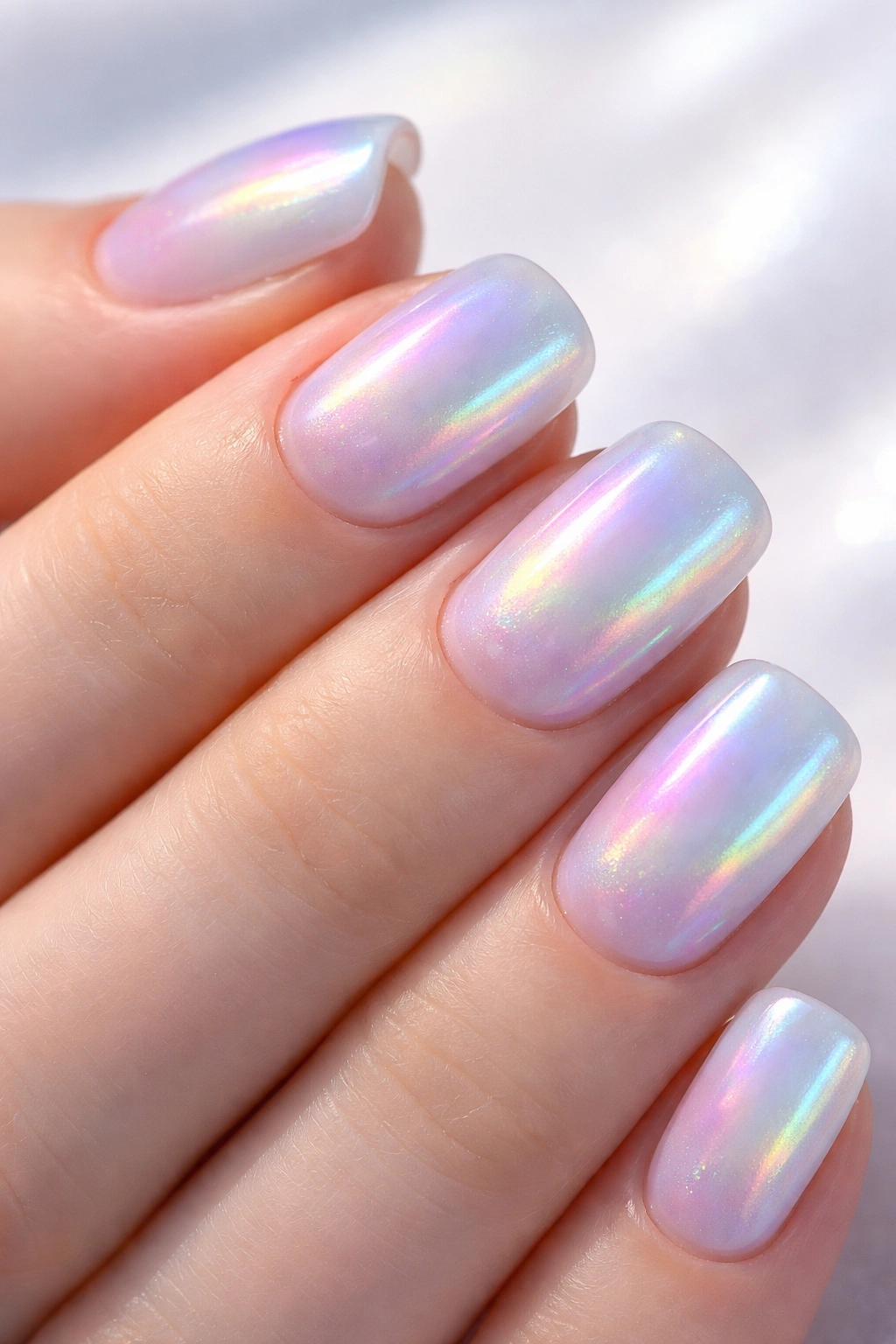 Close-up of icy iridescent nails showing rainbow color shifts on short squoval shape