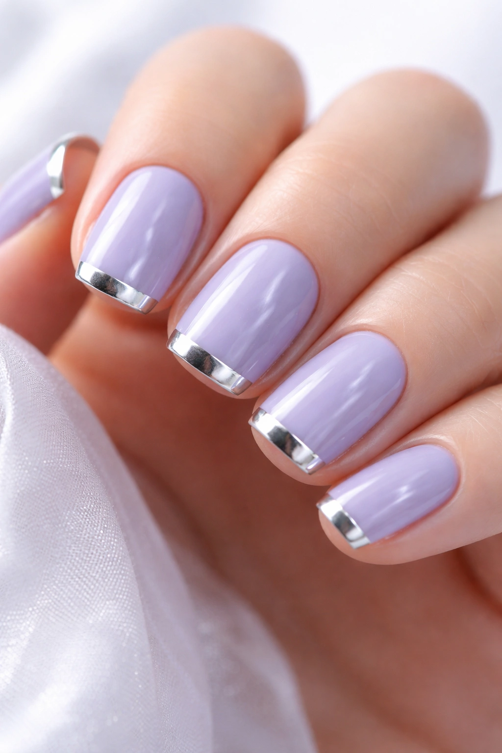 Close-up of short squoval nails with icy lavender base and chrome-tipped edges