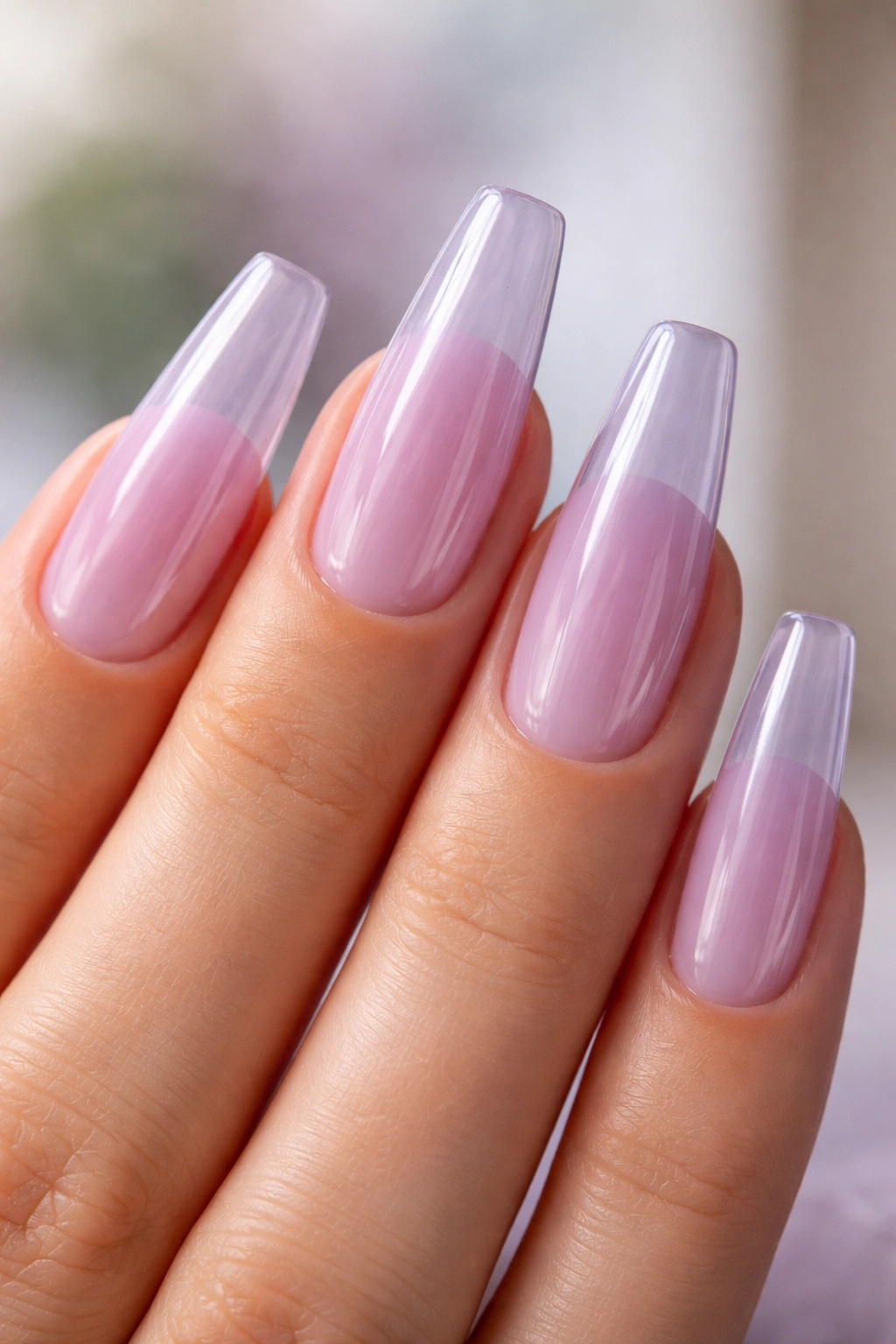 Translucent lavender jelly nails with layered depth
