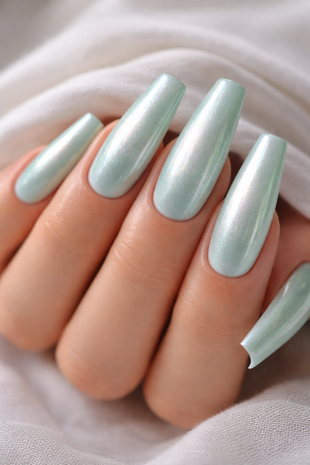 Close-up of icy mint coffin nails with a pearl finish.