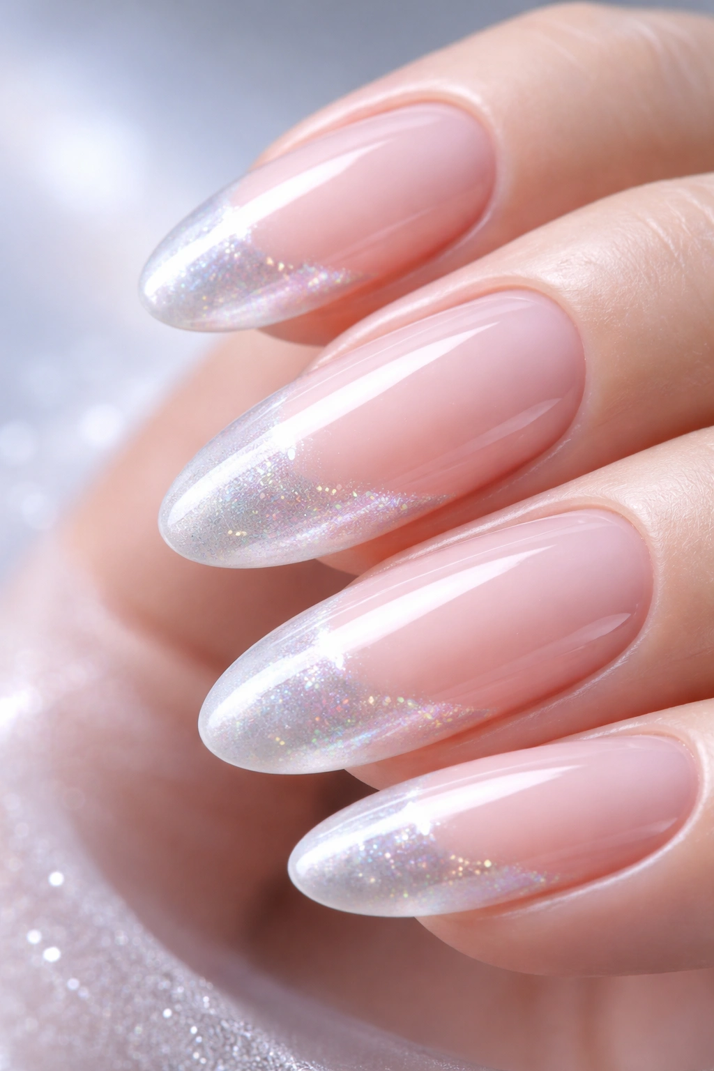 Close-up of an oval nail with translucent pearl-tinted tip