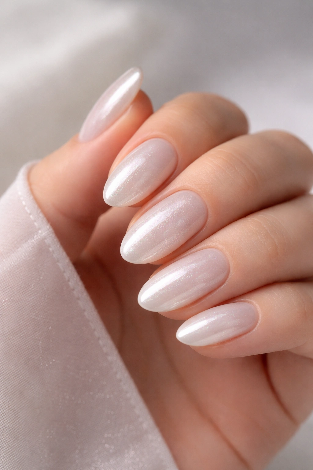 Close-up of short almond nails with translucent jelly base and icy pearl finish