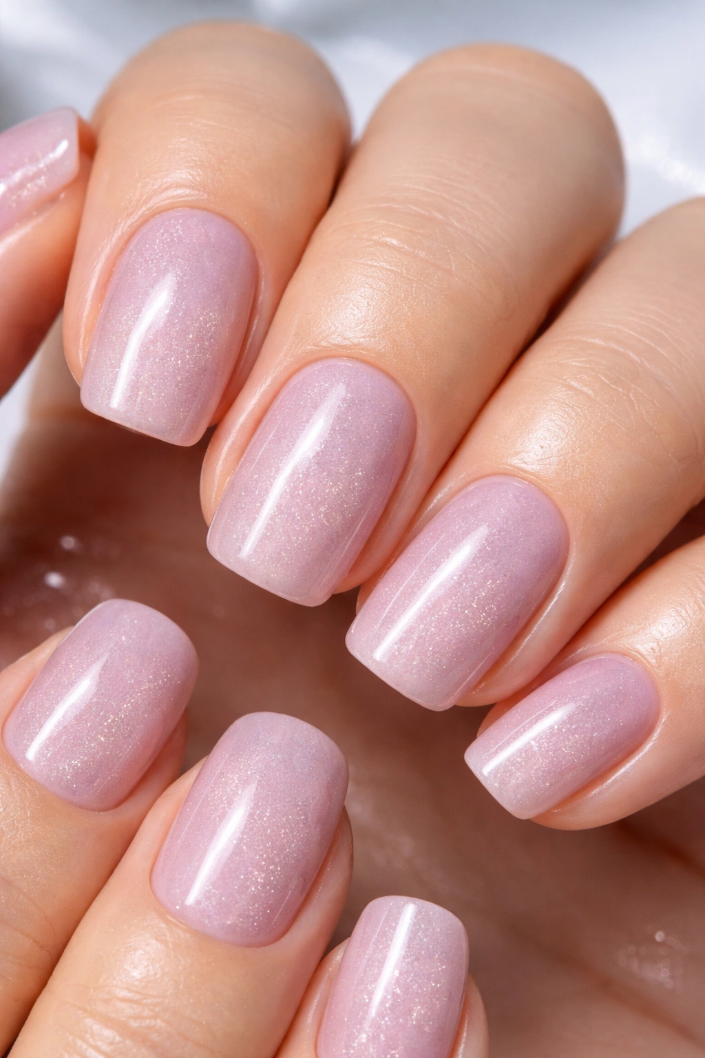 Close-up of icy pink short squoval nails with shimmering finish