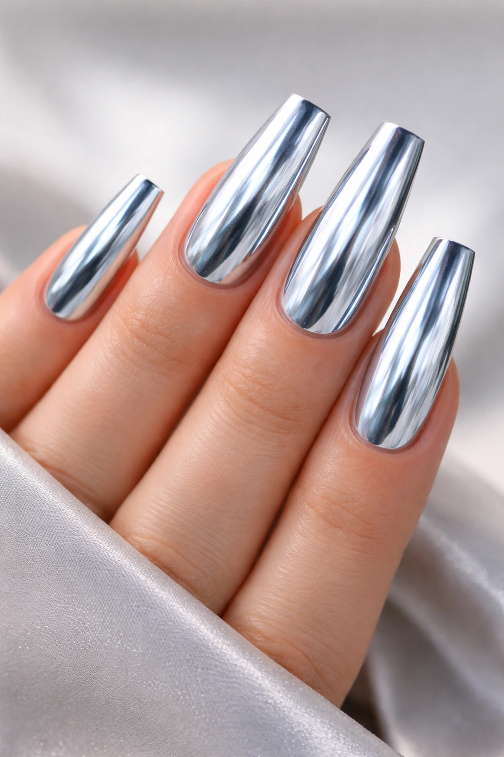 Icy silver chrome coffin nails reflecting light with sharp coffin shape