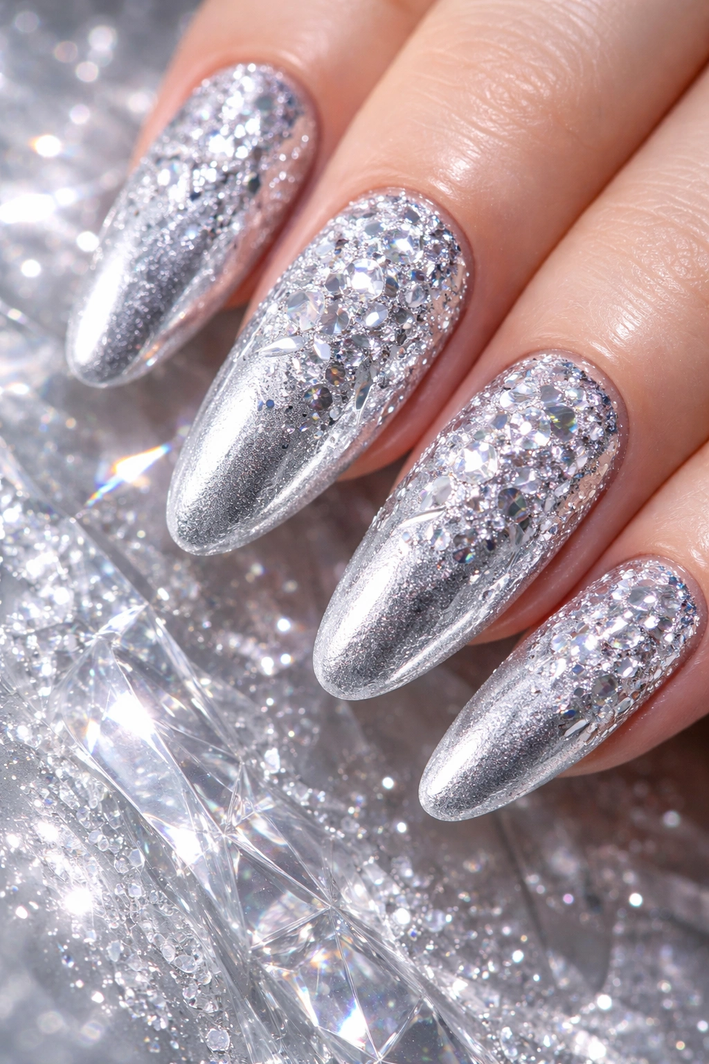 Close-up of icy silver nails with crystalline texture reflecting light
