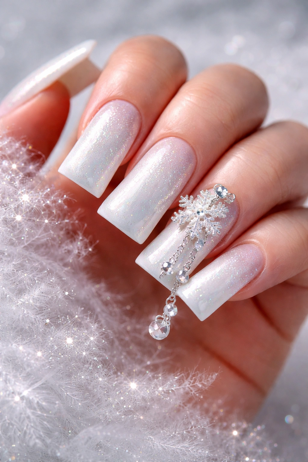 Icy white duck nails with frosted snowflake charms
