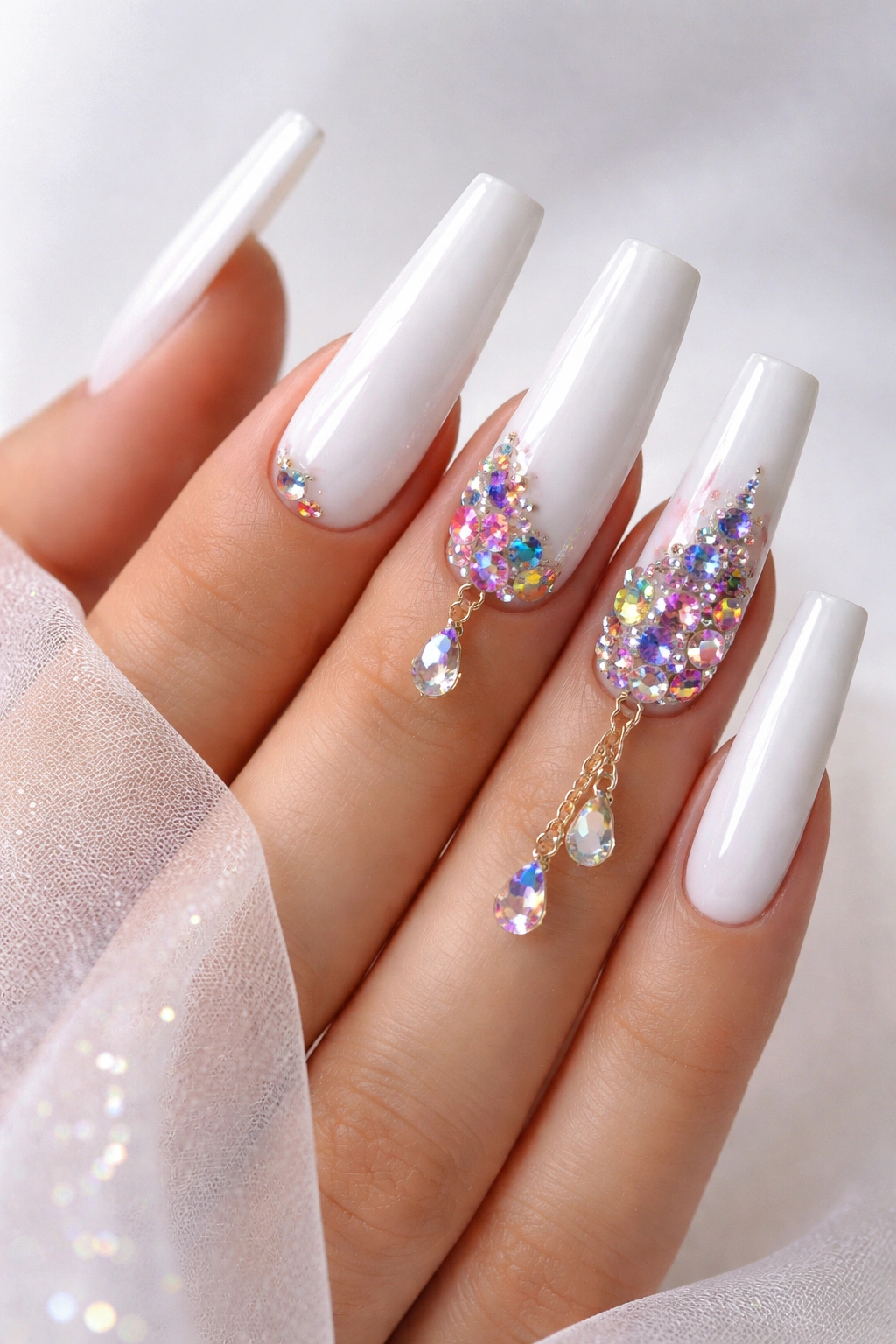 Icy white coffin nails with multicolor rhinestones on accent nails