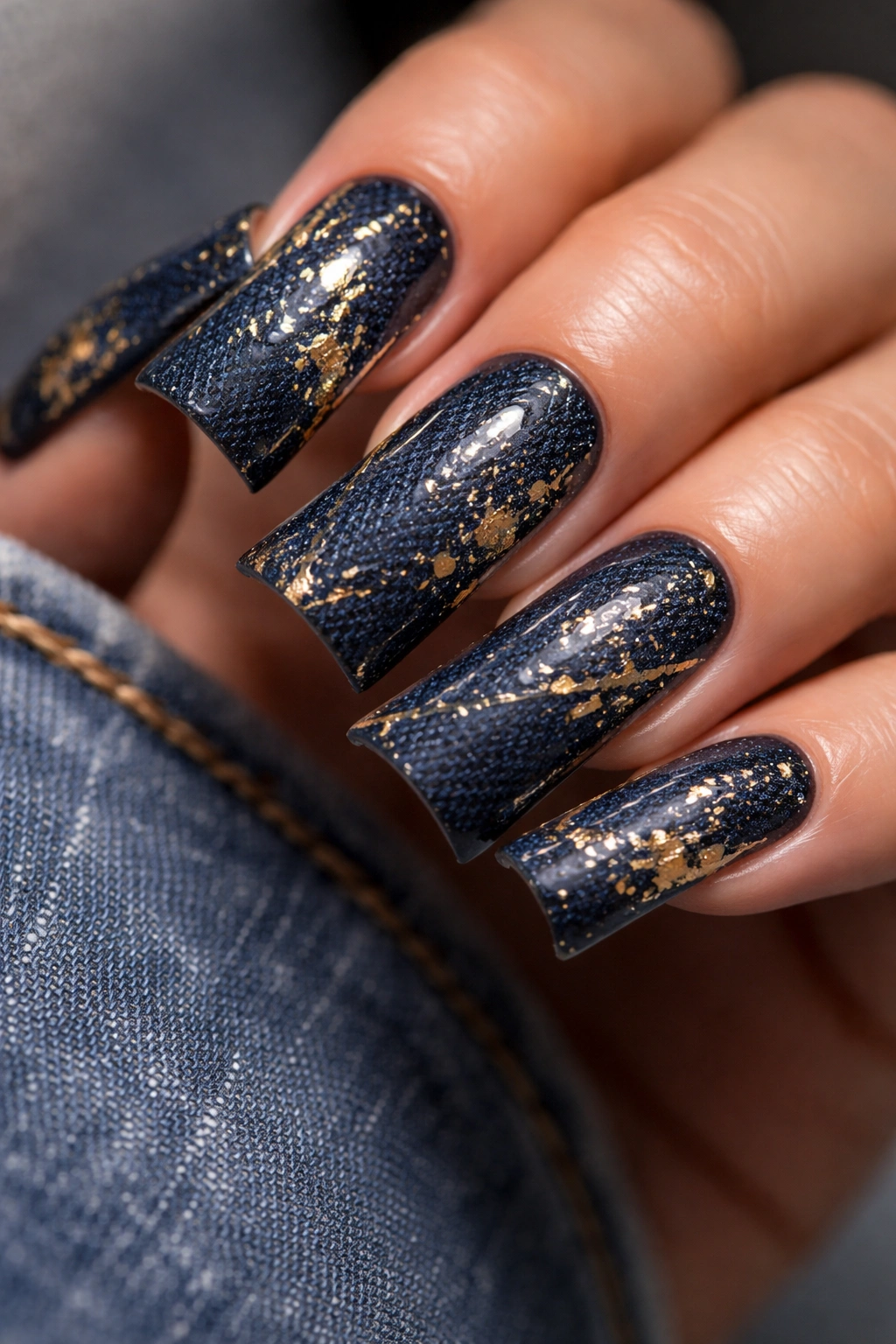 Close-up of elongated duck nails in dark indigo with gold foil accents