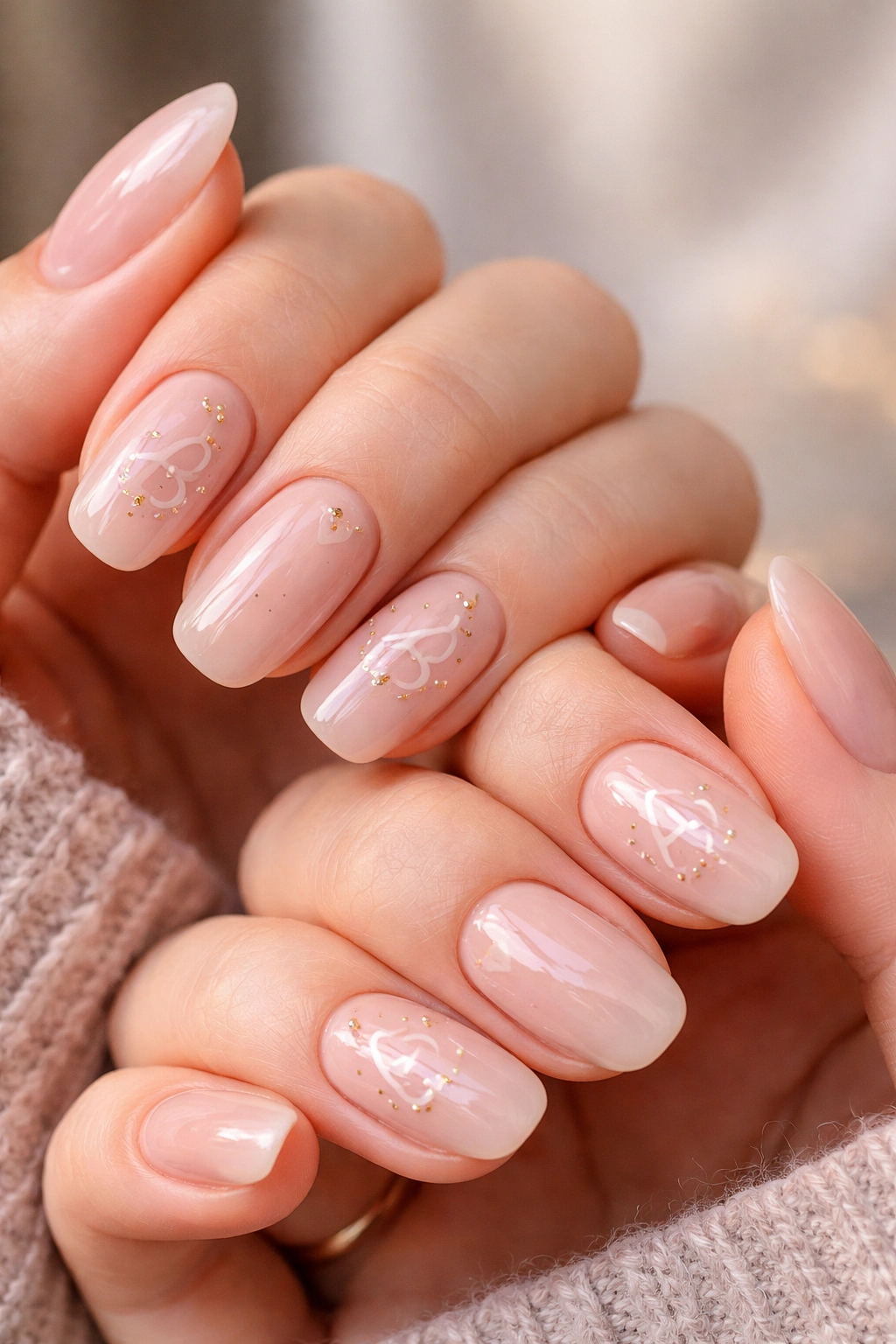 Close-up of hands with abstract glyph nail accents on nude bases.