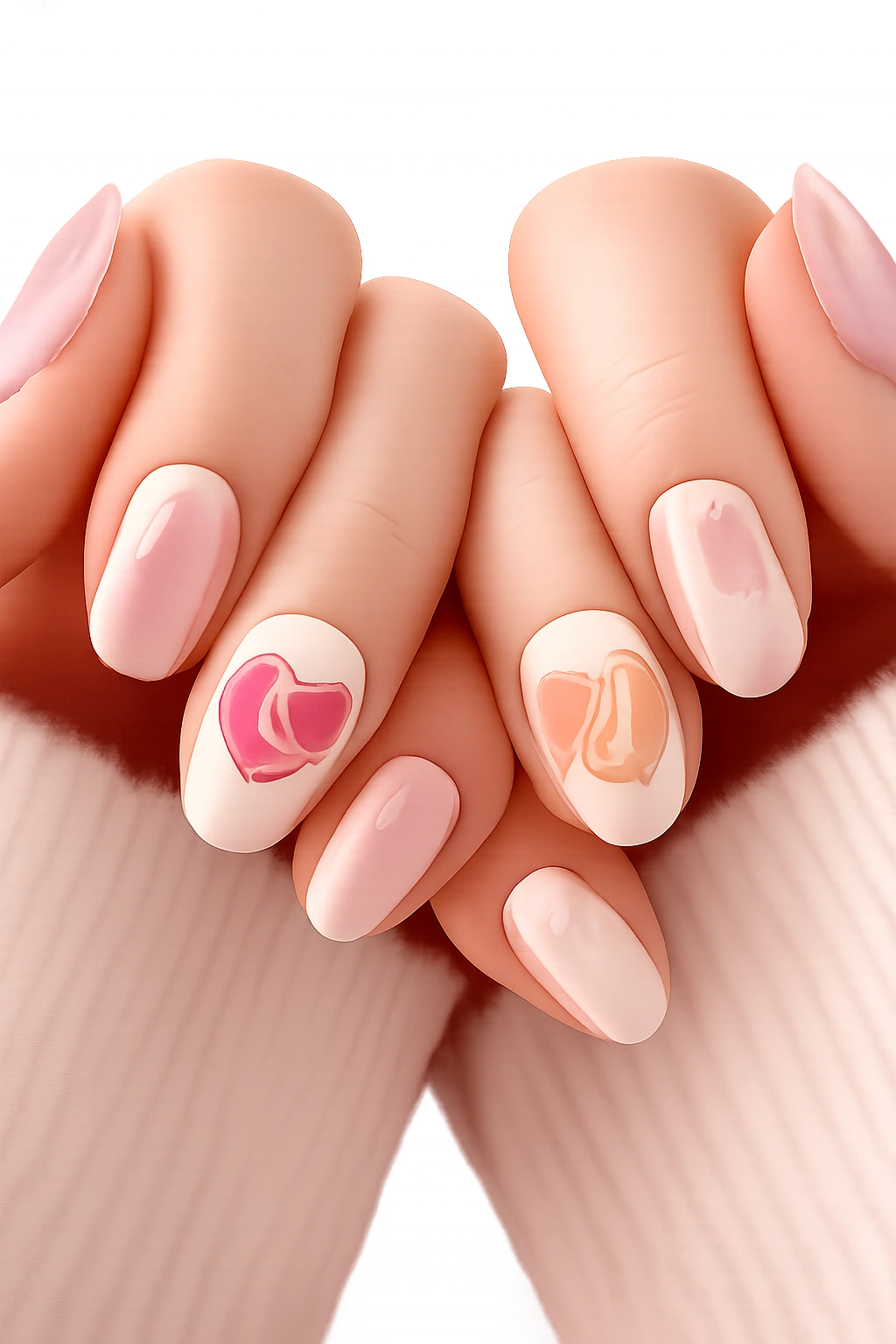 Nails showing hearts with inner shapes suggesting initials without lettering