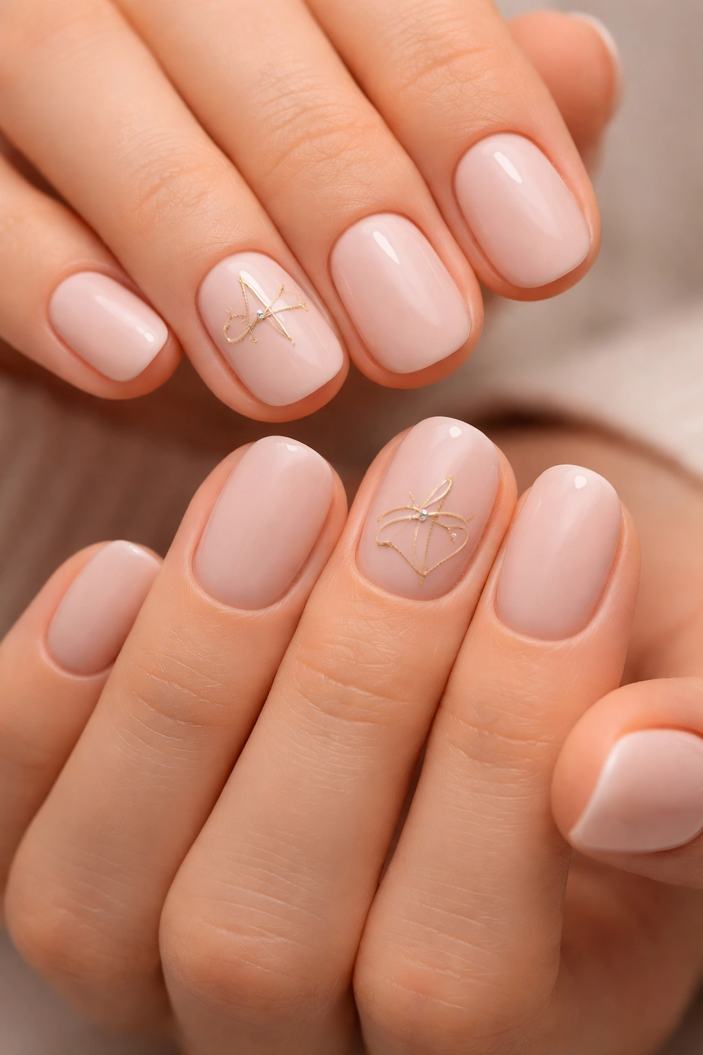 Close-up of two hands with short nails showing abstract glyph motifs on accent nails.