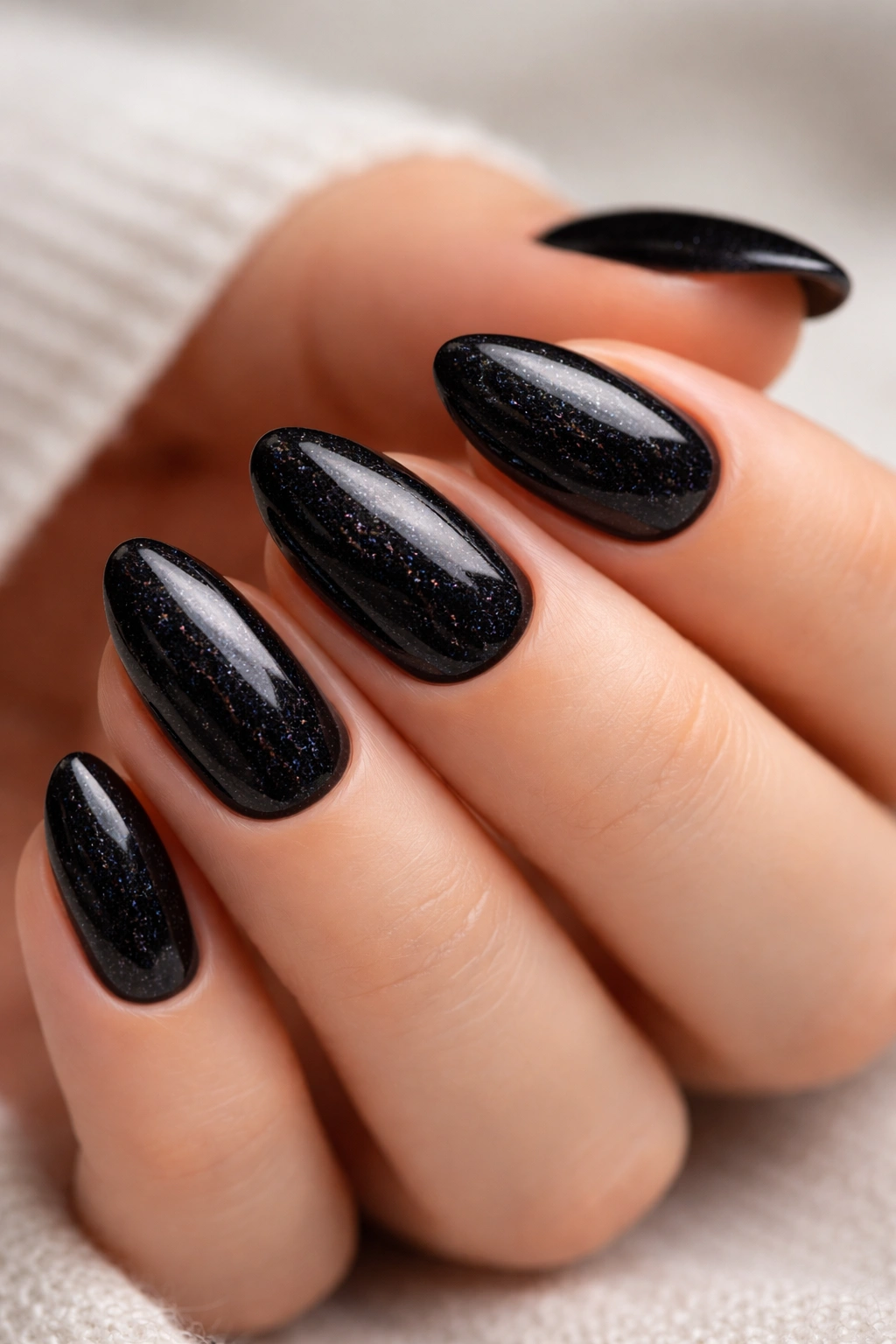 Close-up of short almond nails with ink-black shimmer