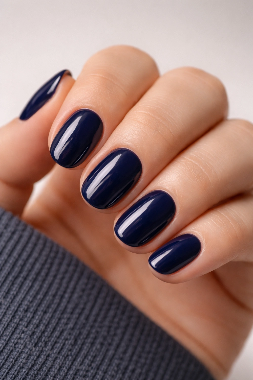 Close-up of ink blue short oval nails on hand with plain background
