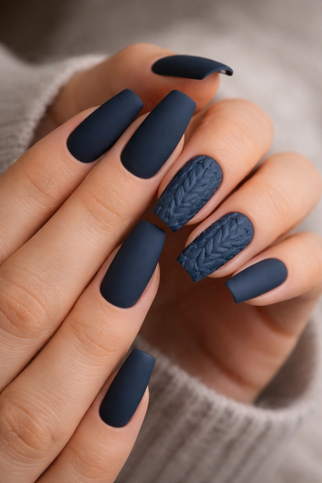 Ink blue nails with sweater knit texture on accent nails in a matte finish