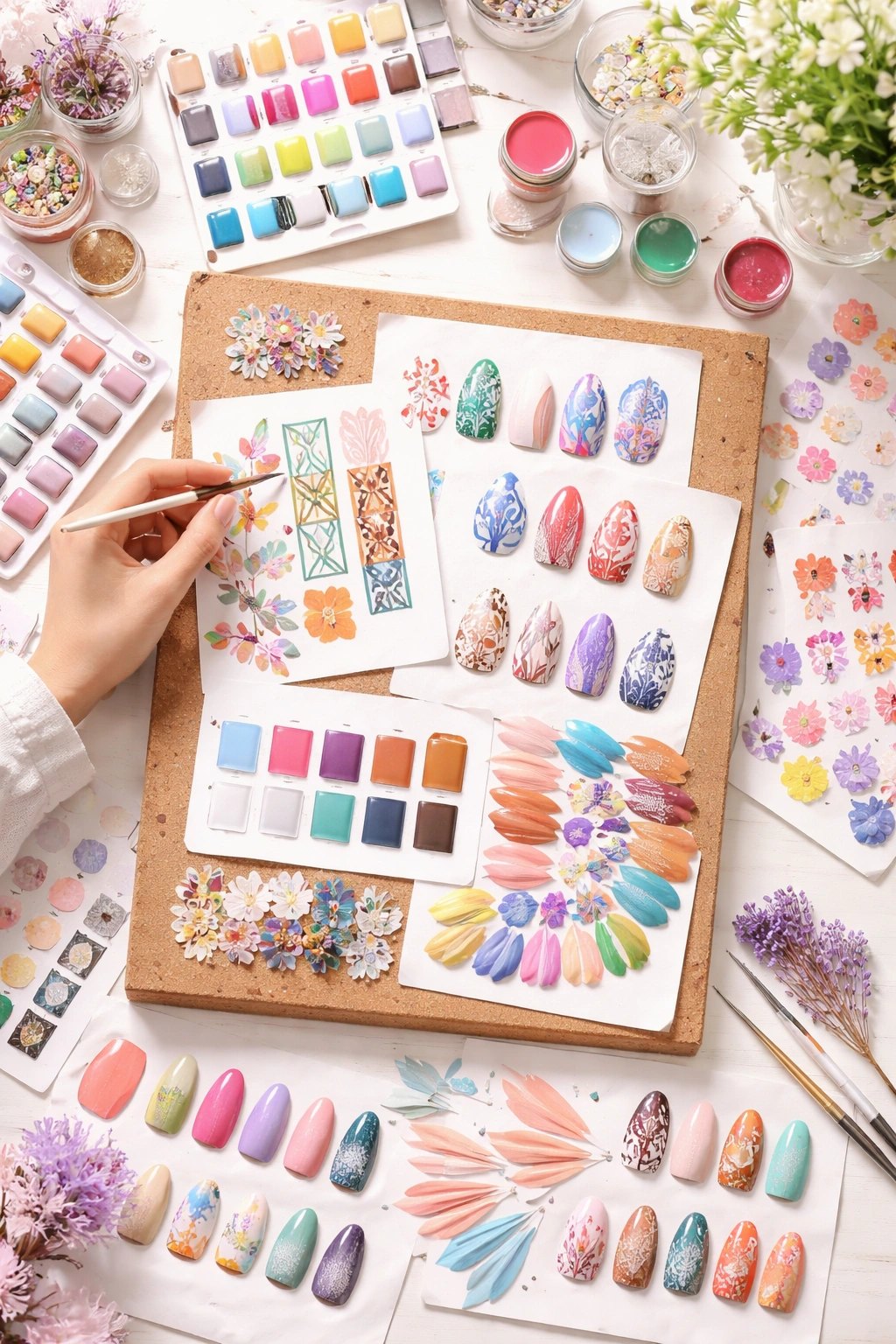 Moodboard-style collage of inspiration for nail art