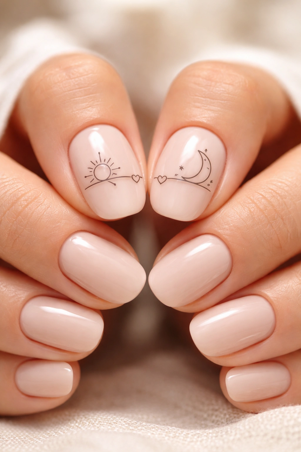 Nails designed to hint at a split quote with half motifs aligning when hands touch.
