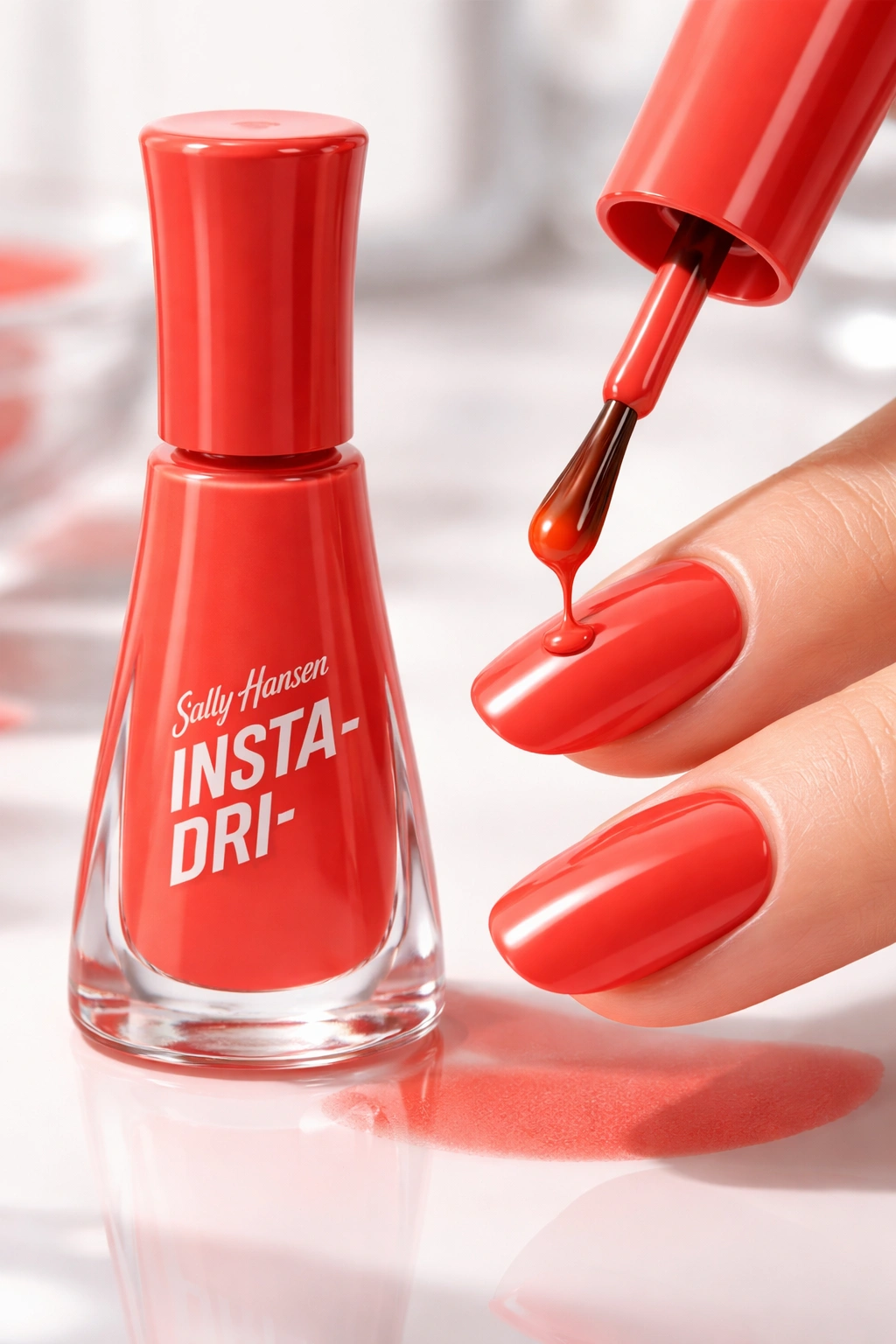 Fast-drying nail polish bottle with color swatch