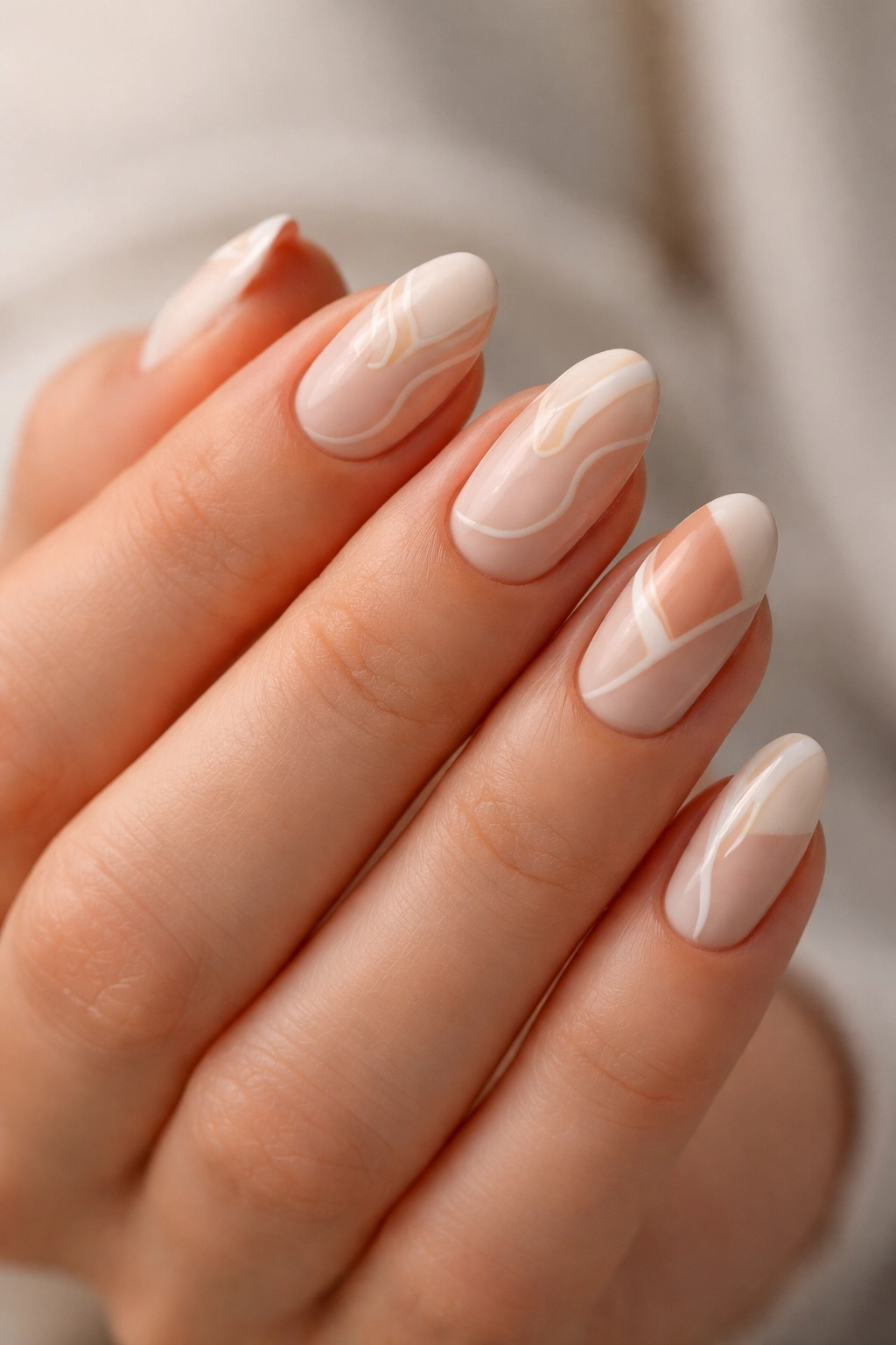 Close-up of short almond nails showing intentionally angled abstract block design.