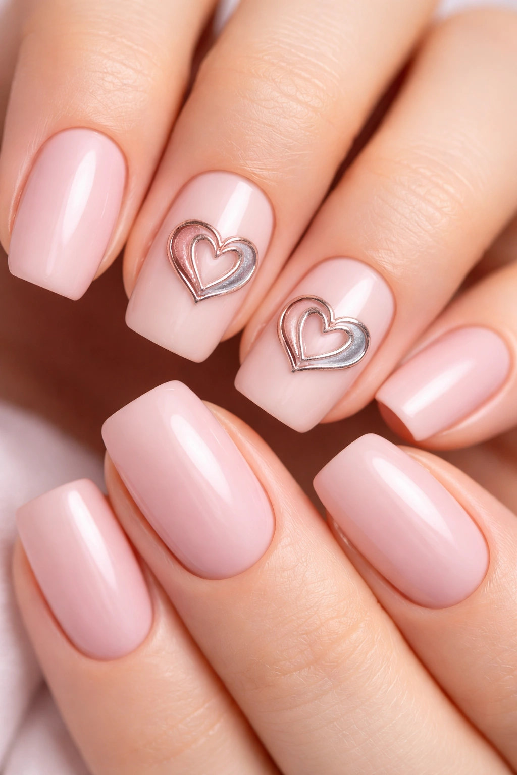 Close-up of nails with interlocking heart designs in rose gold and silver on a nude base
