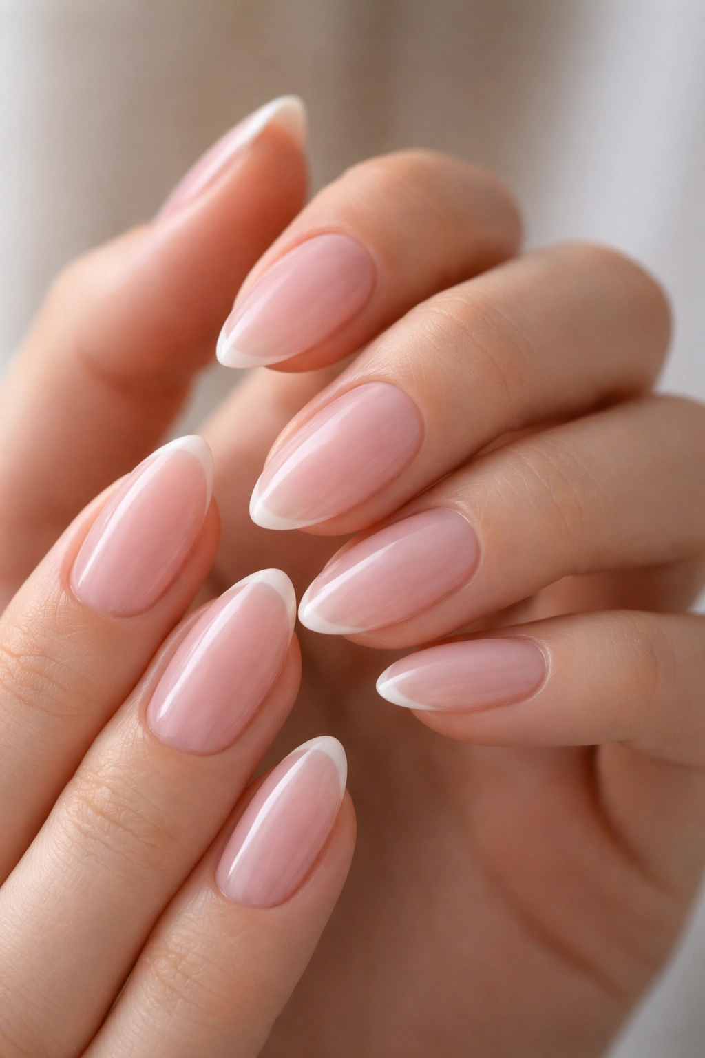 Close-up of sheer pink almond nails with an invisible French edge in soft studio lighting