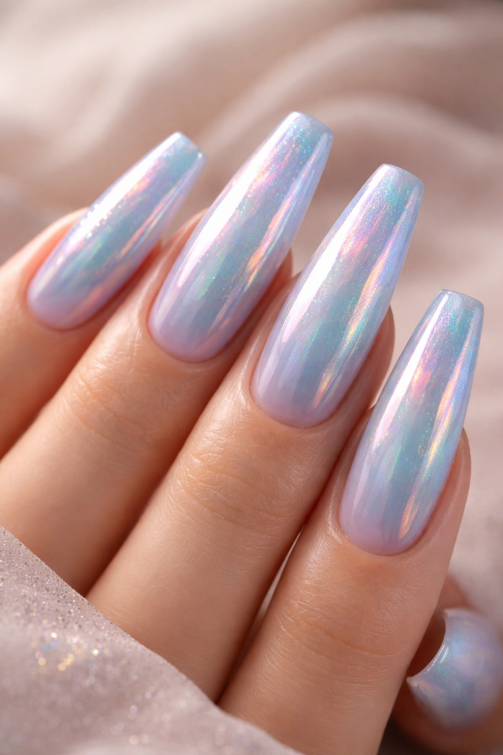 Close-up of iridescent blue coffin nails with opalescent shimmer