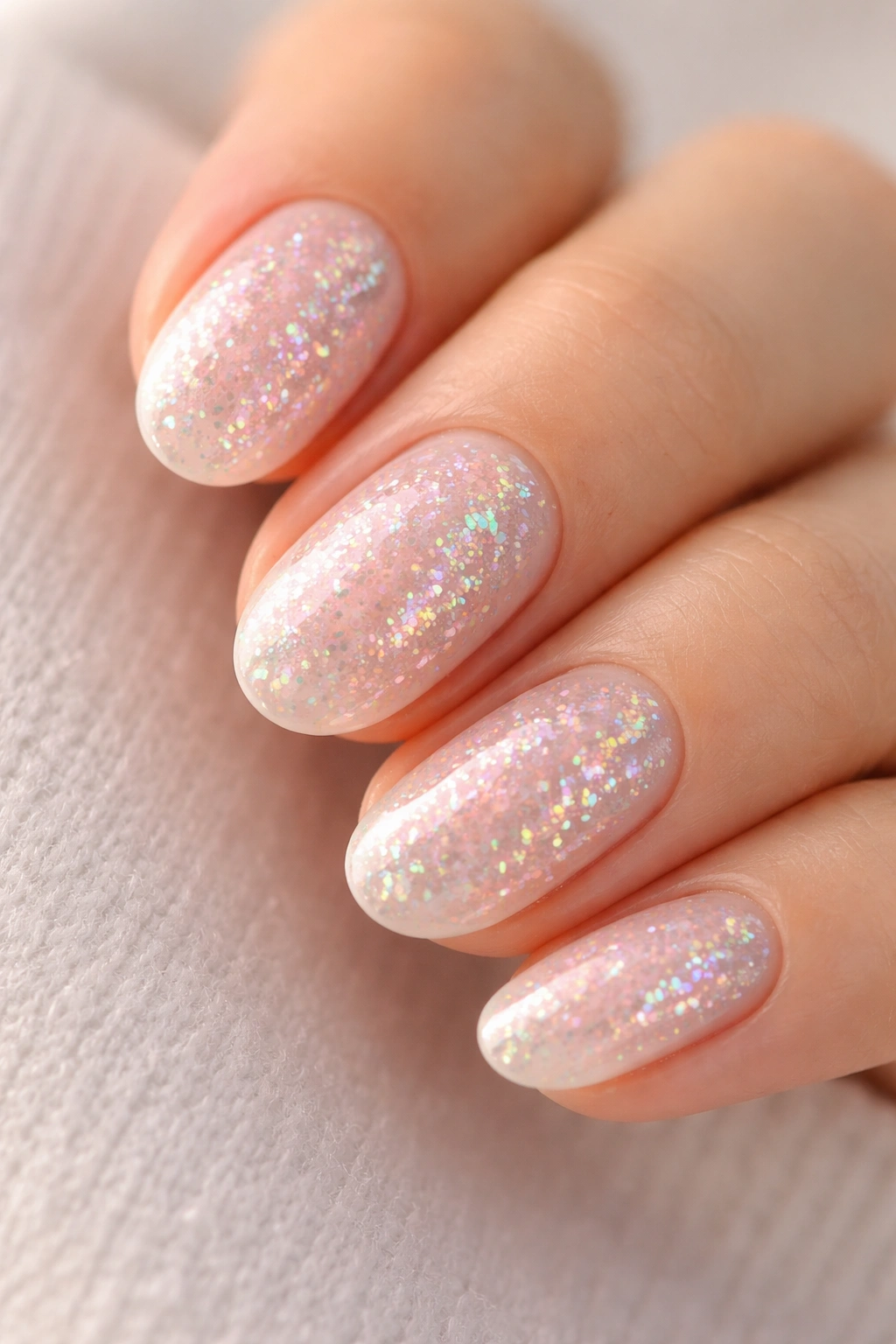 Close-up of iridescent glitter overlay on short oval nails with color shifts