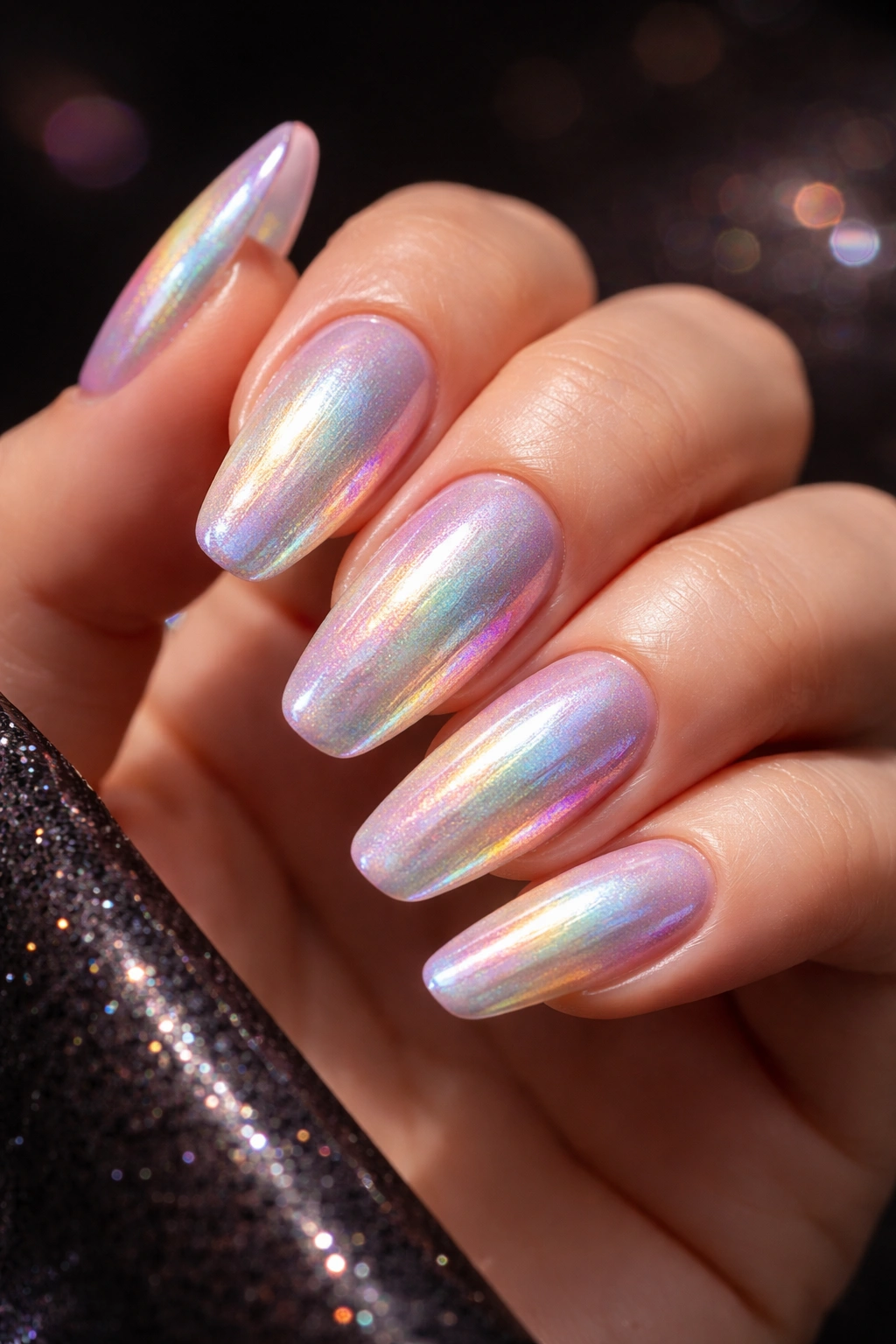 Iridescent holographic nails showing color shifts on a hand
