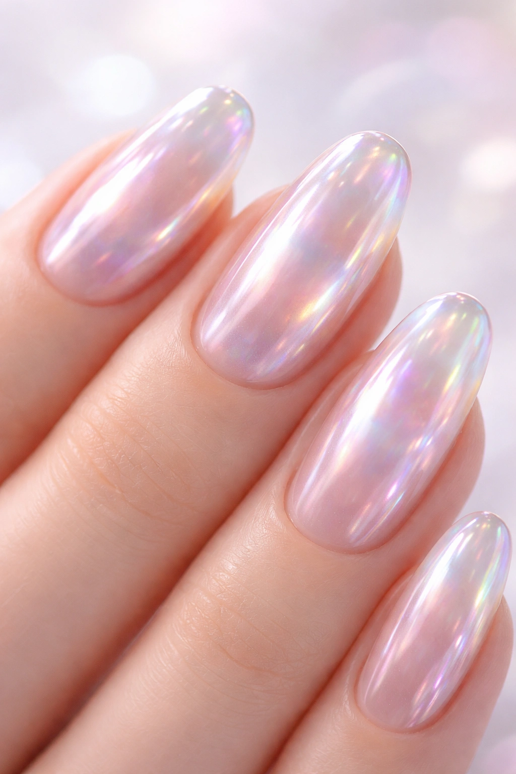 Close-up of jelly nails with translucent iridescent shimmer
