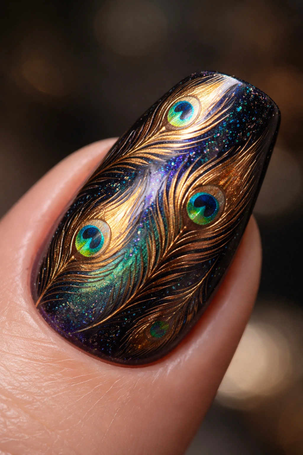 Close-up of a duck-shaped nail with iridescent navy base and peacock feather detailing.