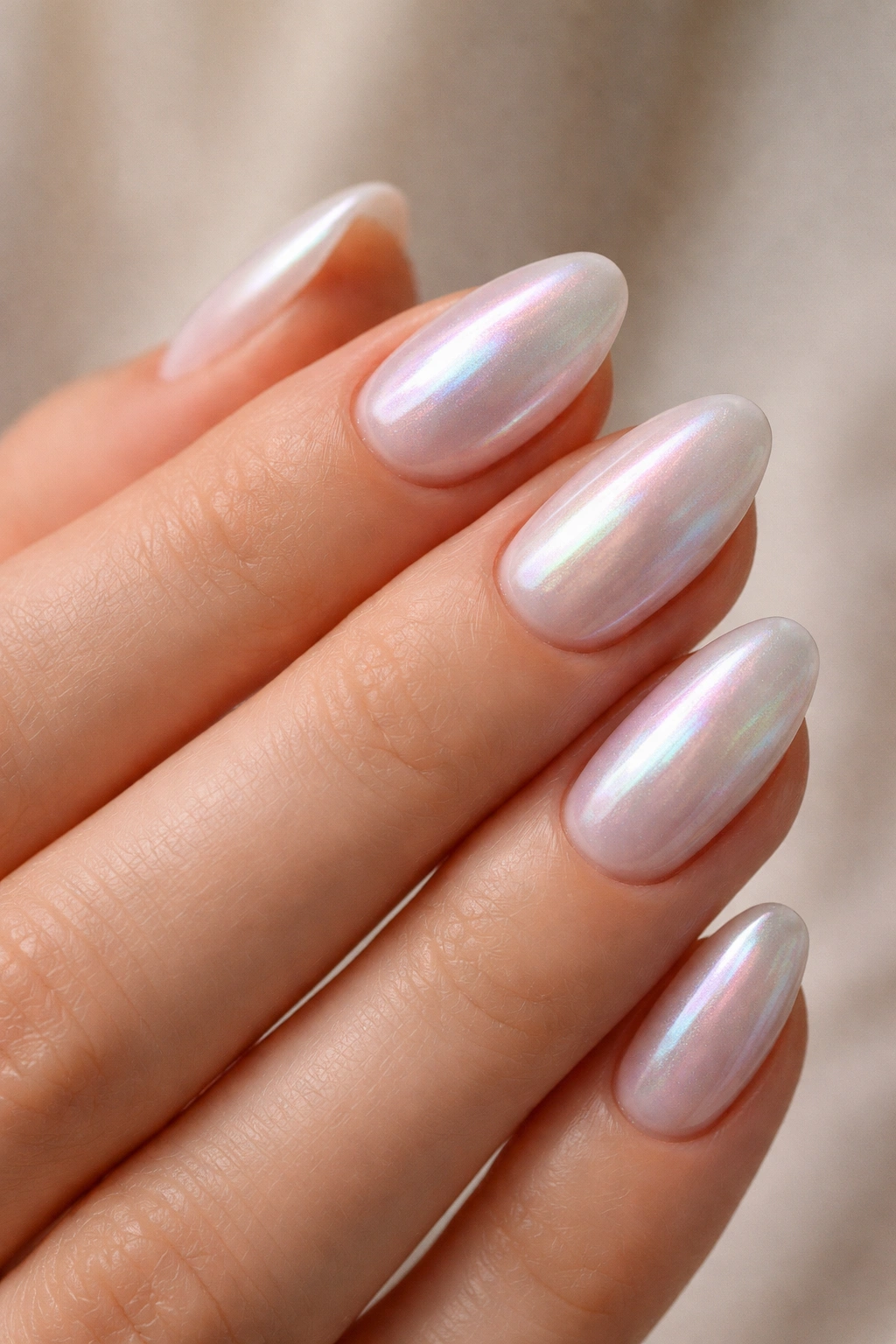 Iridescent pearl almond nails showing color shifts under light