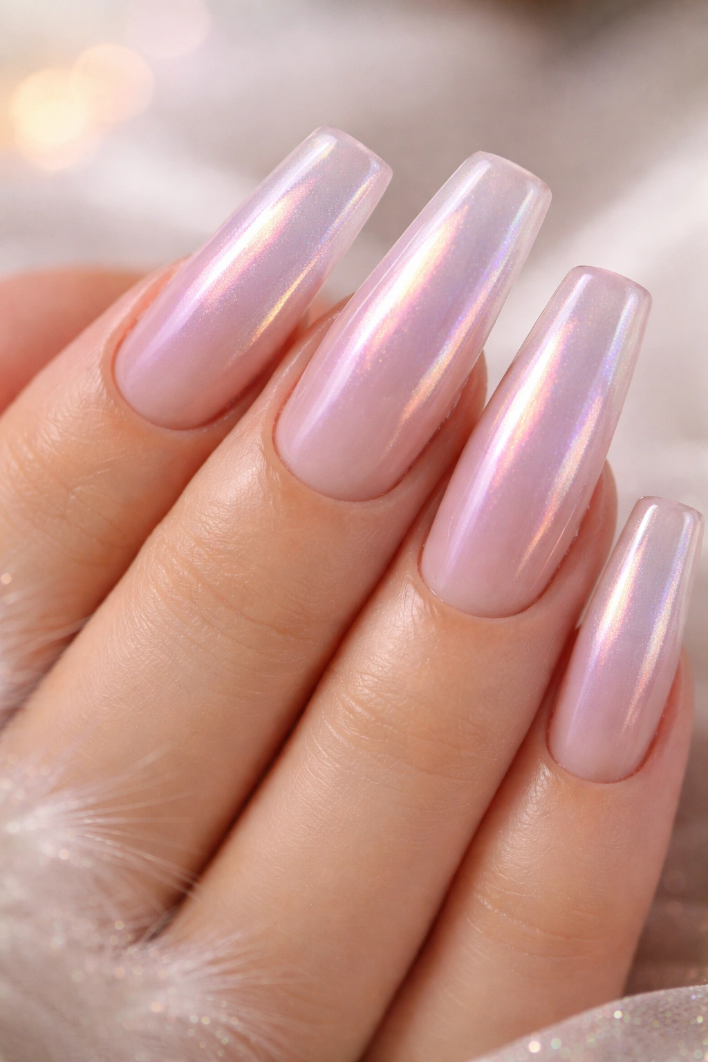 Close-up of duck nails with milky nude base and iridescent pearl glow