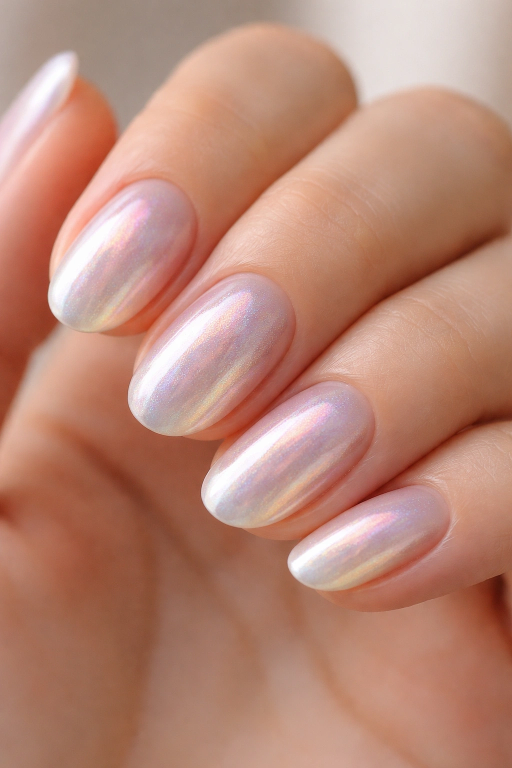 Close-up of iridescent pearl nails showing subtle color-shifting shimmer on nude base