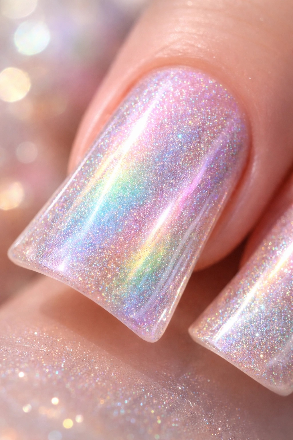 Duck nail with iridescent pearl base and holographic dust overlay