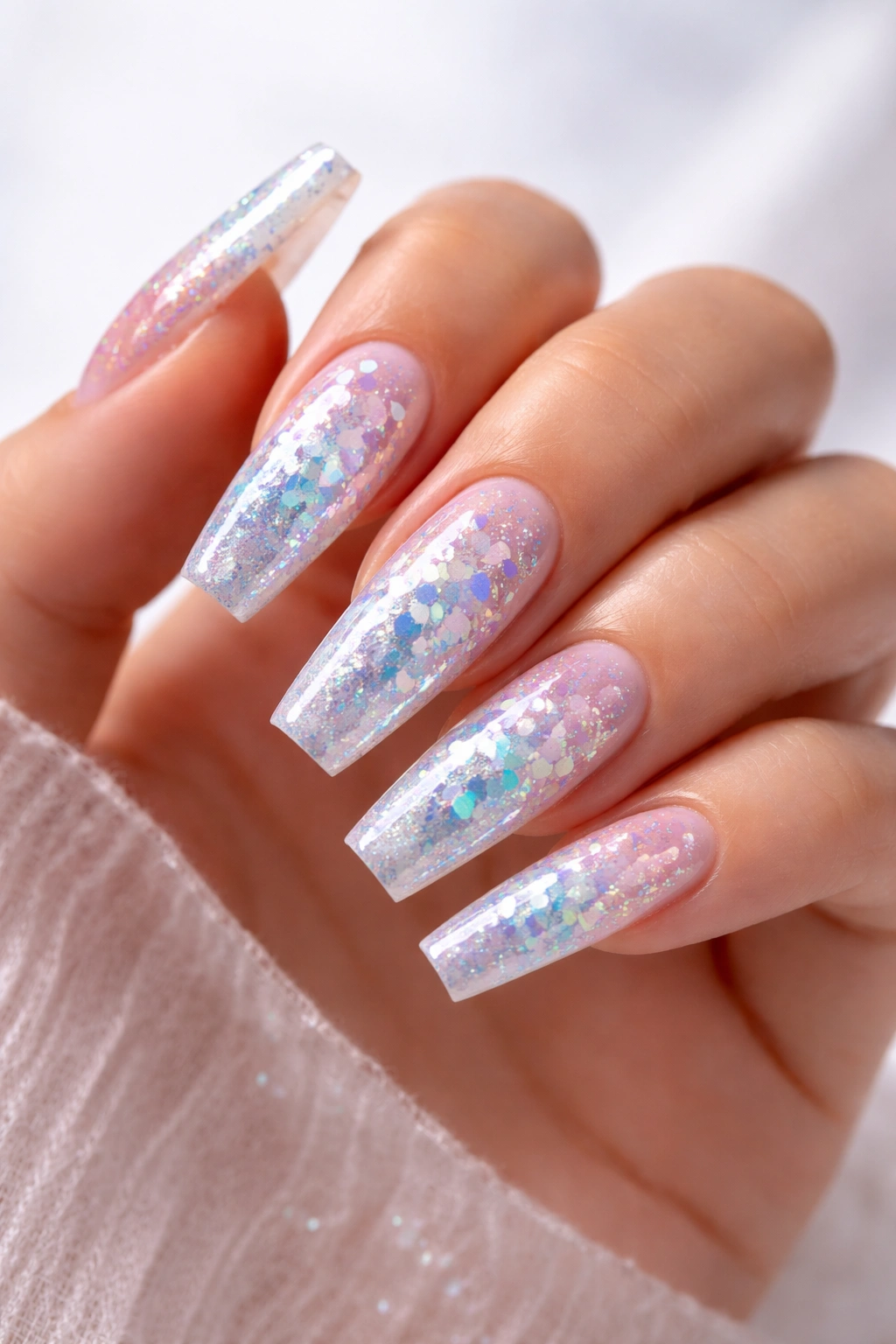 Close-up of coffin nails with iridescent shell glitter showing color shifts on nude base