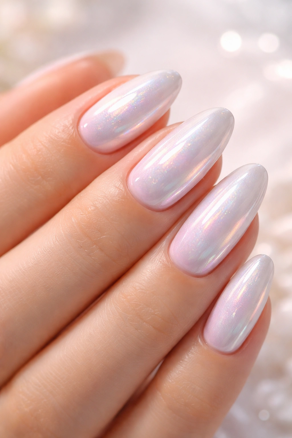 Nails with iridescent white color-shift shimmer