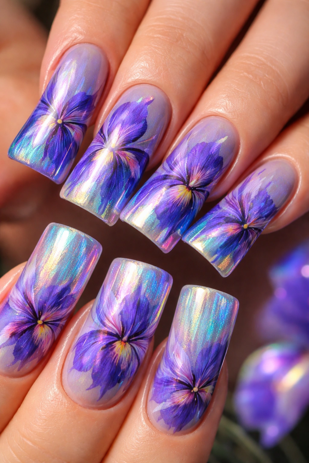 Duck nails with iris petals and holographic chrome finish